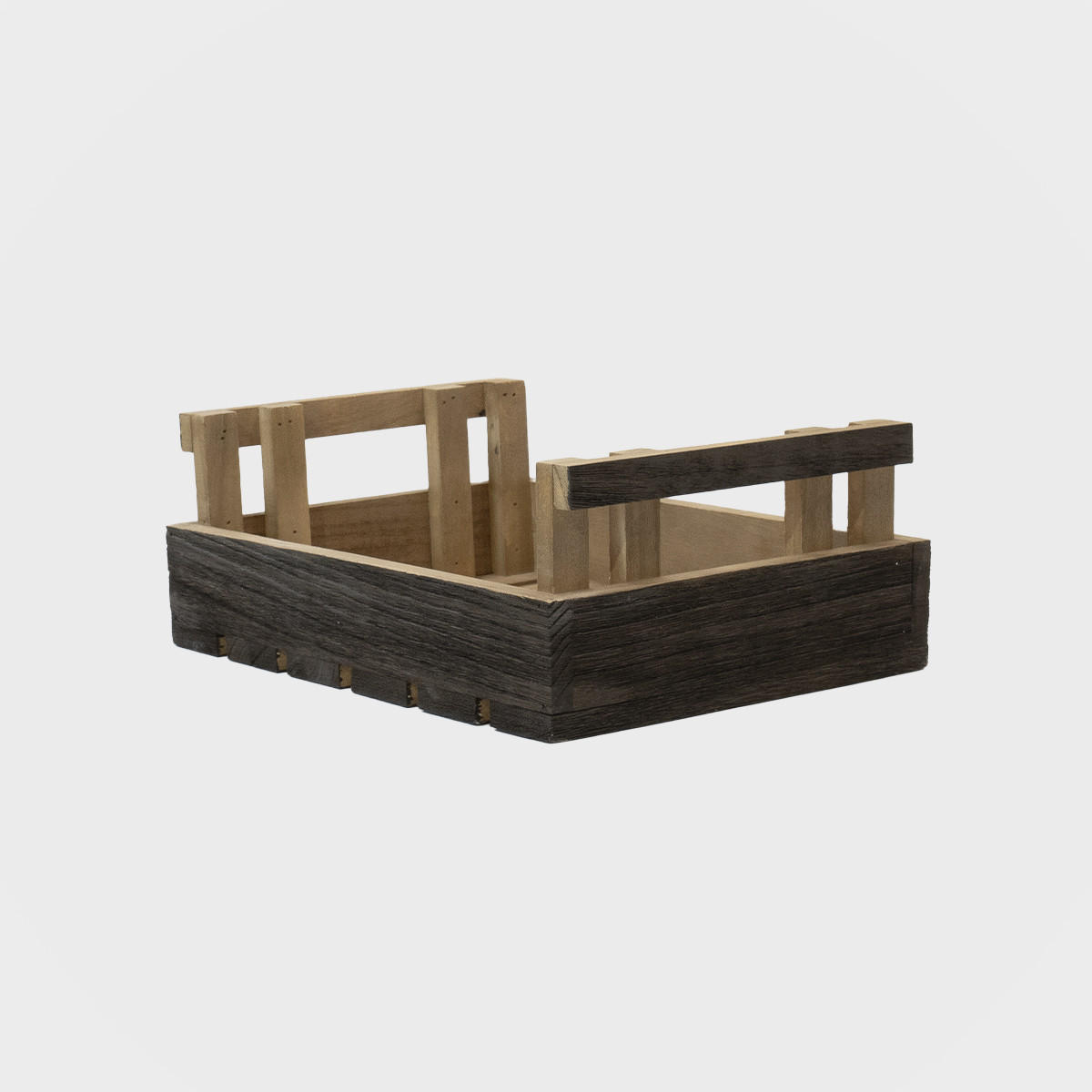 Wooden chitting hamper tray with structured, low-profile walls and open-top design.