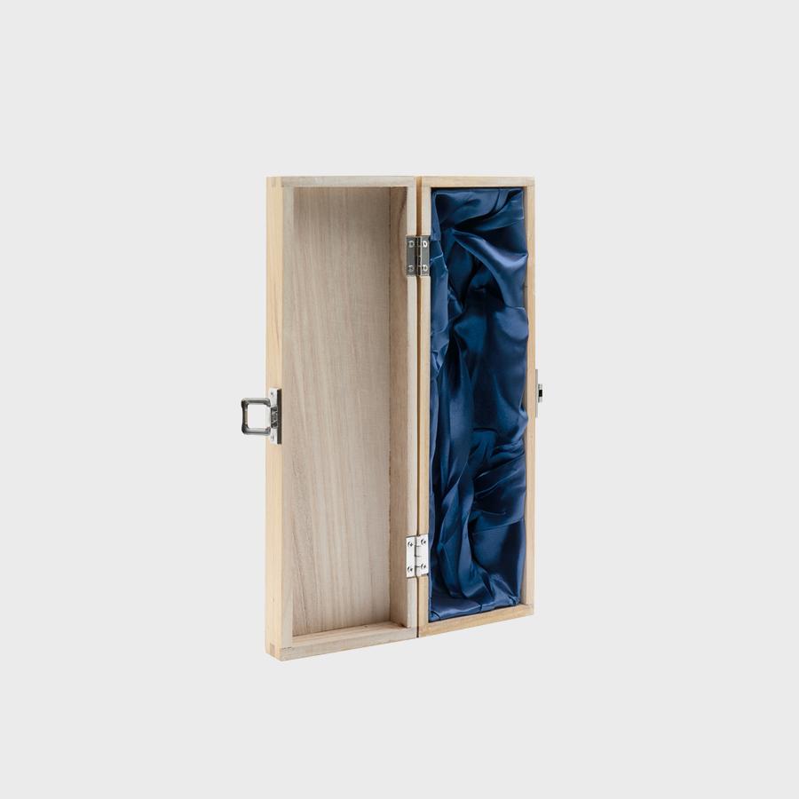 1 Bottle hinged wooden wine box with silk lining with premium natural wood grain and secure hardware closures.