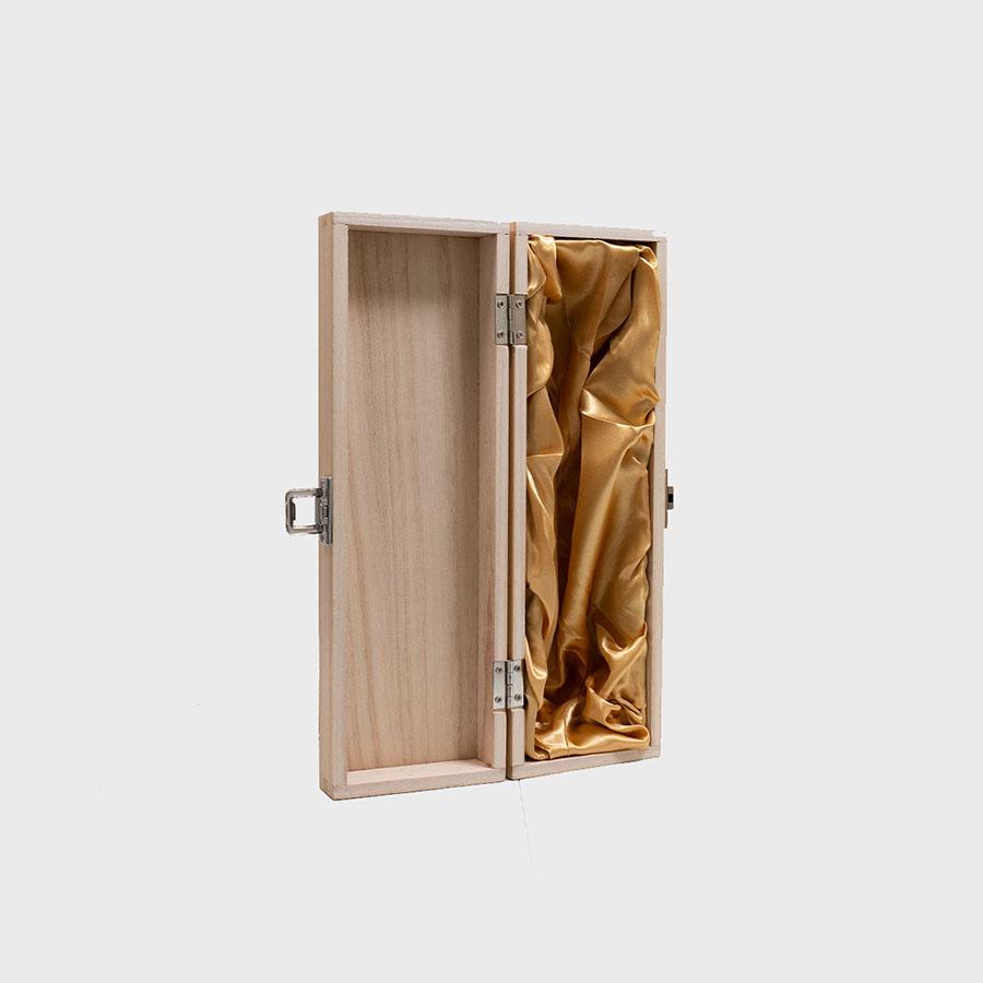 1 Bottle hinged wooden wine box with silk lining with premium natural wood grain and secure hardware closures.