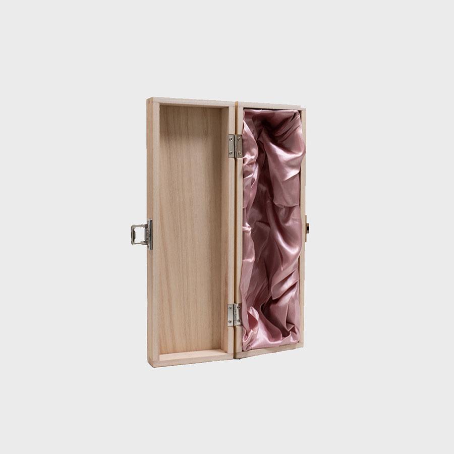 1 Bottle hinged wooden wine box with silk lining with premium natural wood grain and secure hardware closures.