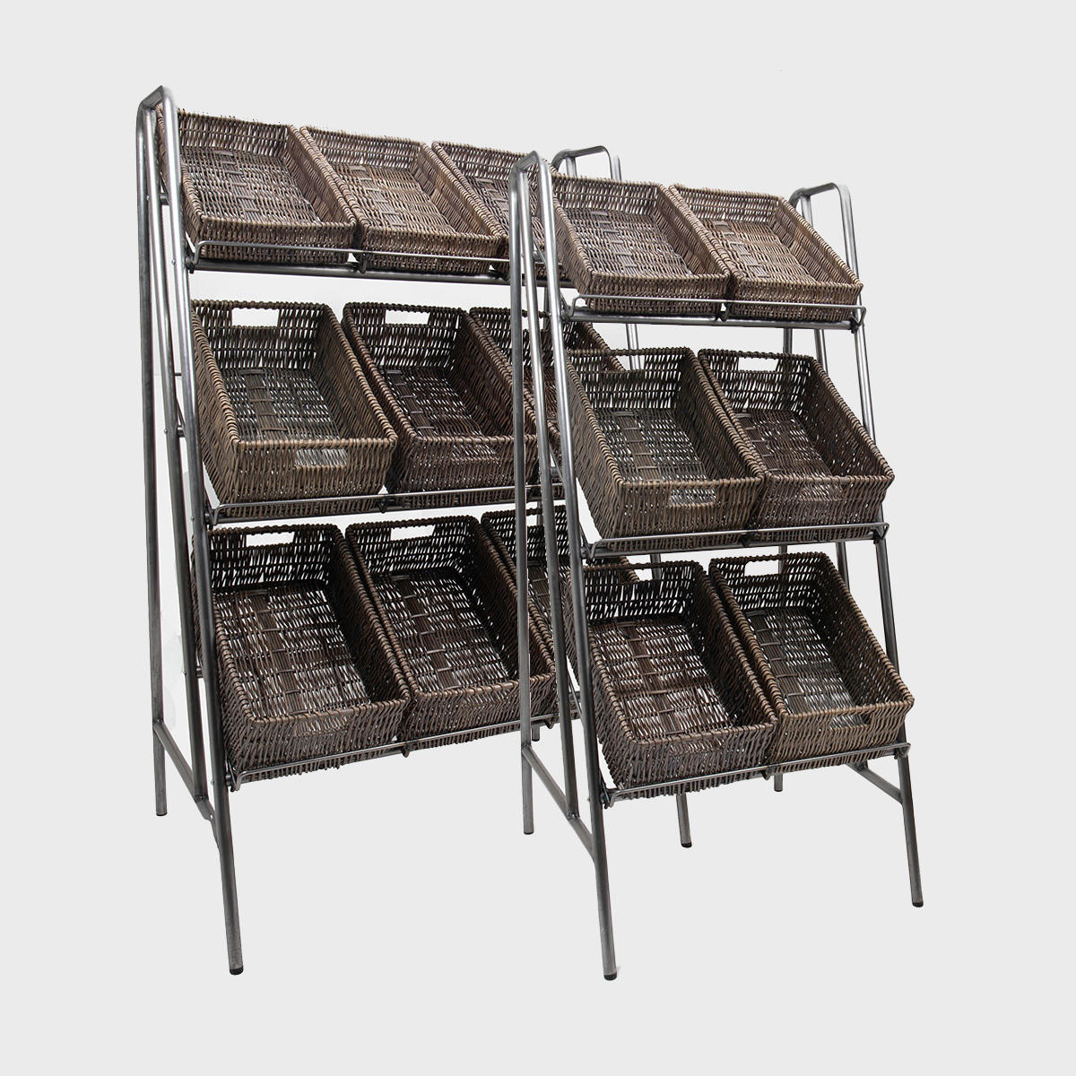 Camberwell retail stand 3 shelf with chatto wicker trays in pewter brown featuring a multi-tiered layout for product positioning.