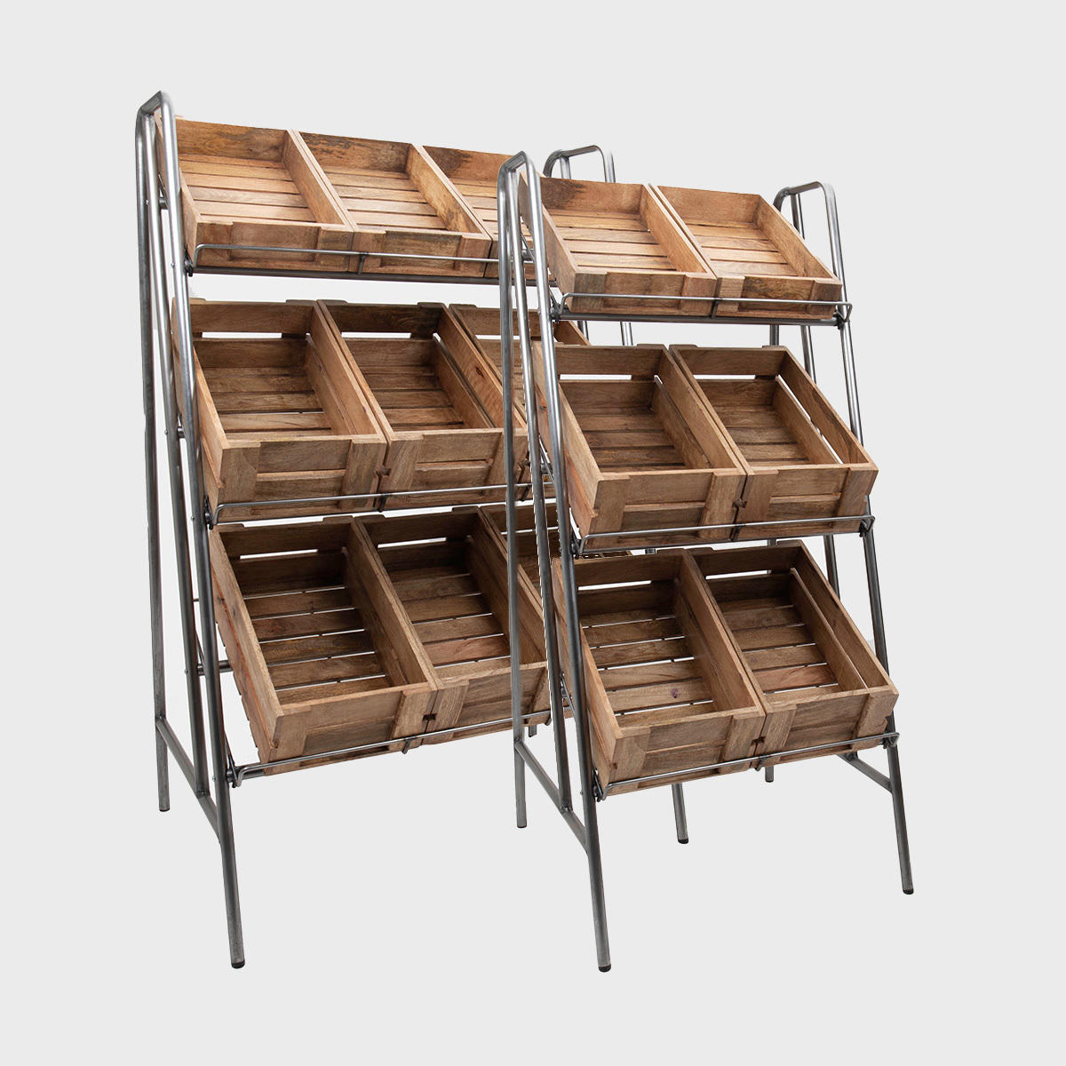 Camberwell retail stand 3 shelf with chatto wooden crates featuring a multi-tiered layout for product positioning.