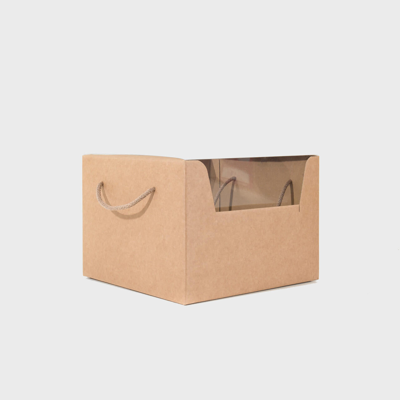 Kraft cake gift box with window and rope handles from high-density rigid paperboard.