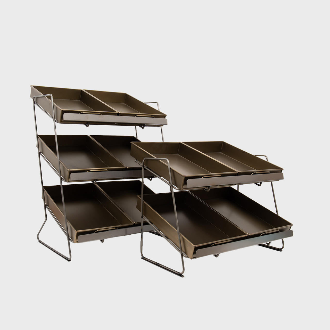 Railton tiered countertop display unit with small brass metal trays featuring a multi-tiered layout for product positioning.