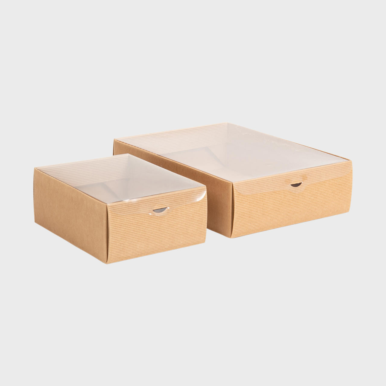 Kraft gift box with clear lid from high-density rigid paperboard.