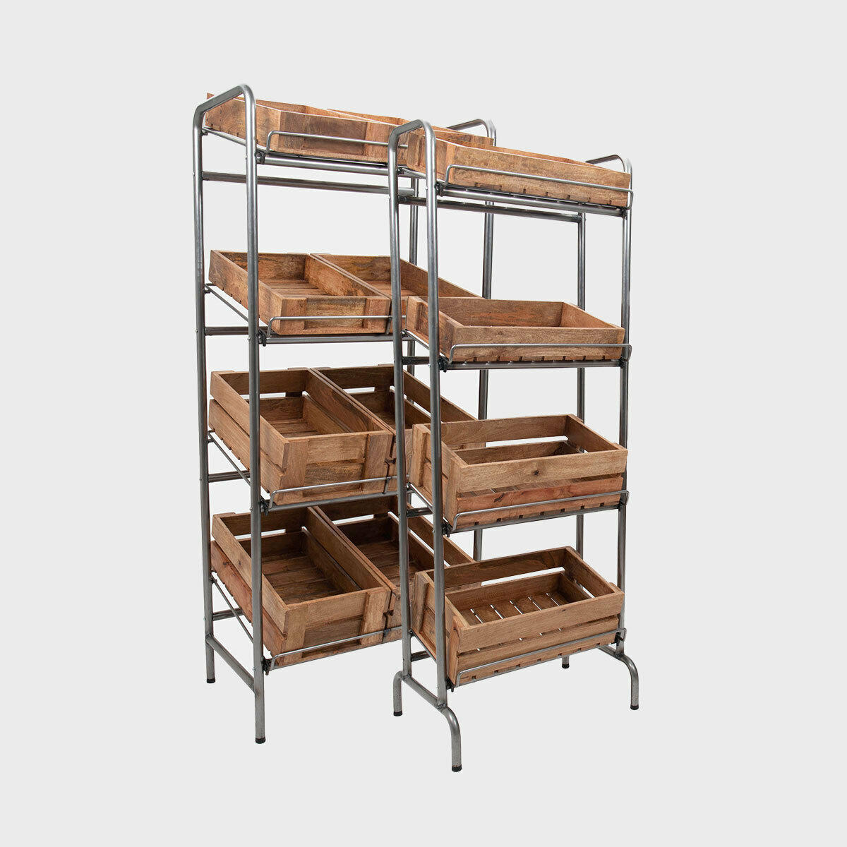 Camberwell retail stand 4 shelf with chatto wooden crates featuring a multi-tiered layout for product positioning.