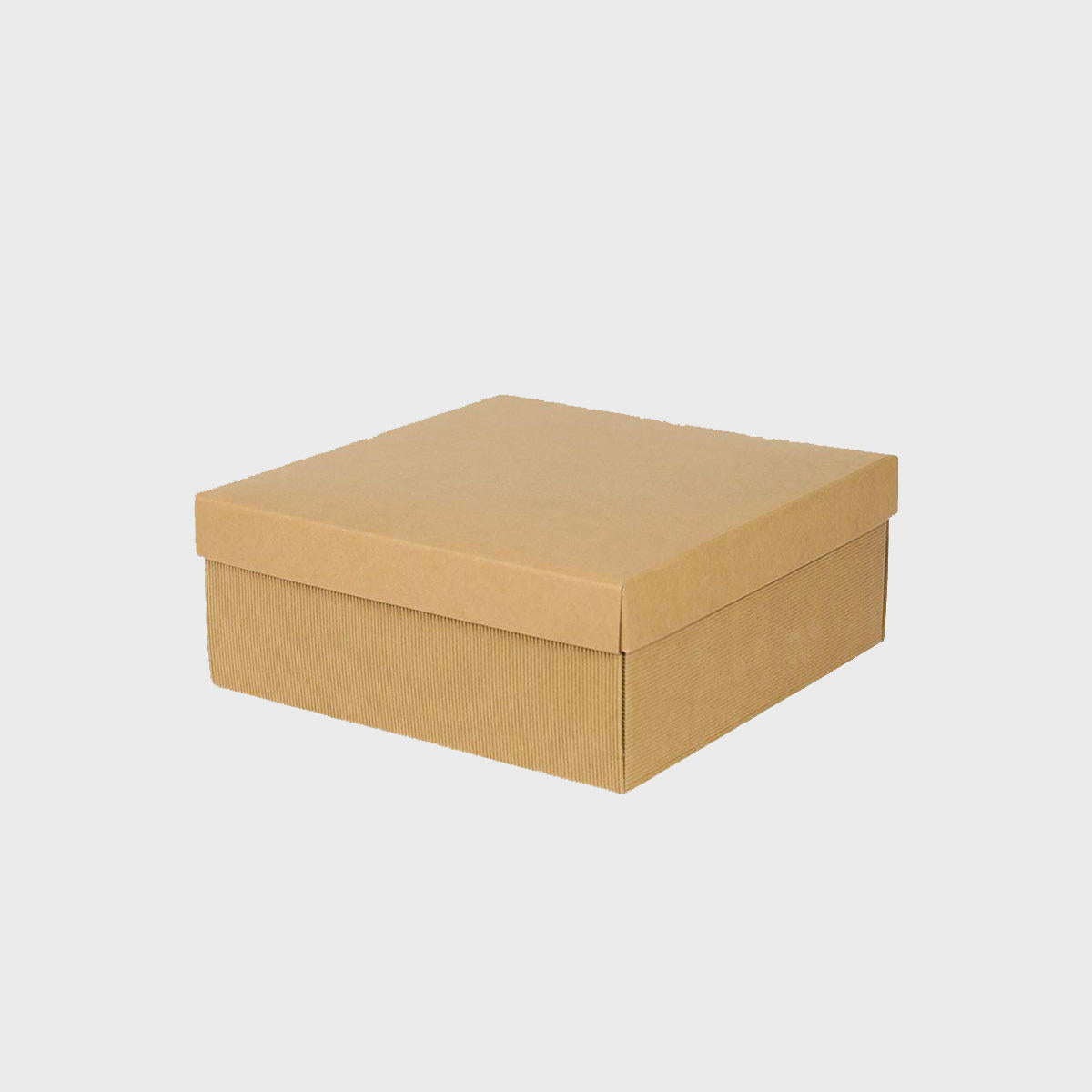 Kraft square gift hamper box with drop on lid from high-density rigid paperboard.