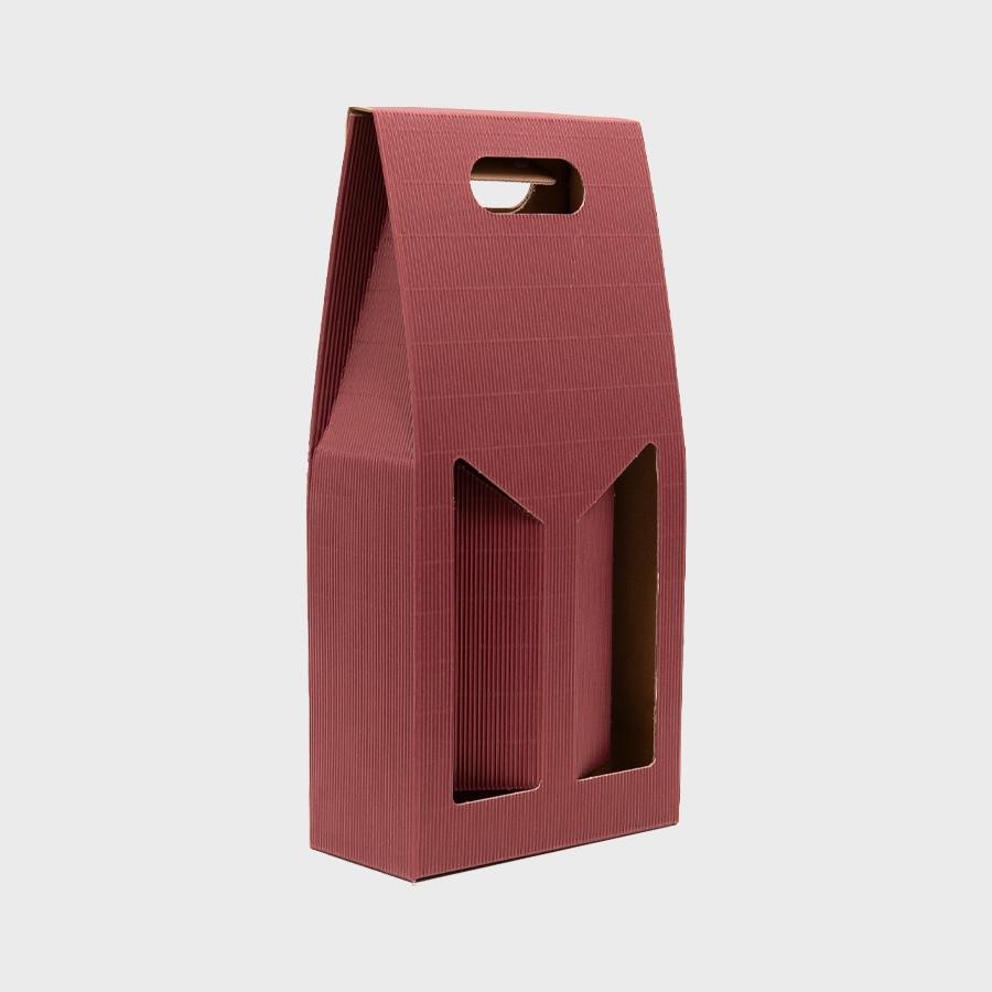 2 bottle burgundy fluted gift box with windows from high-density rigid paperboard.