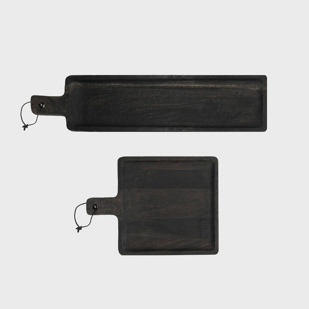 Black wooden scooped serving board crafted from durable hardwood with natural grain detail.