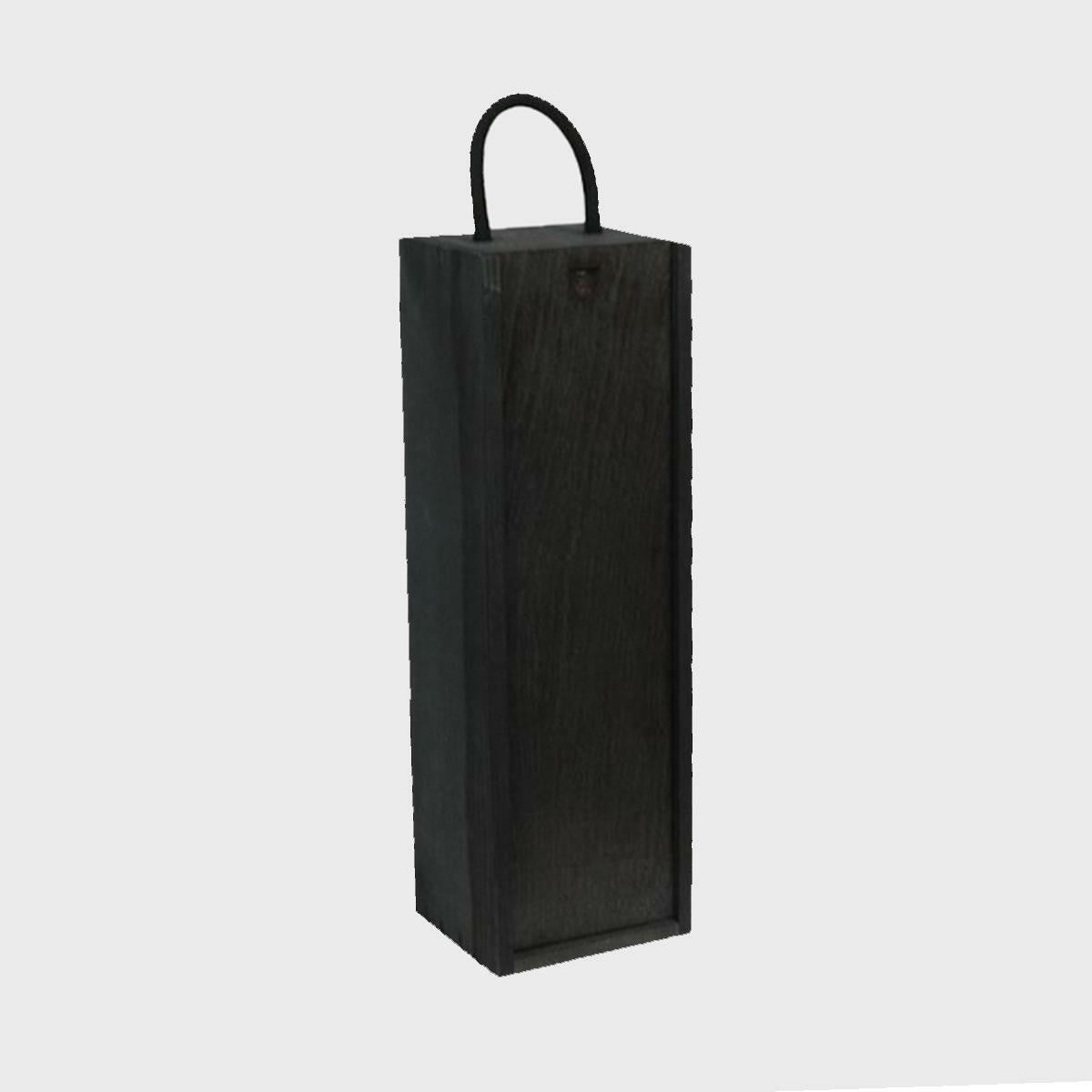 1 bottle black wooden box with sliding lid with premium natural wood grain and secure hardware closures.