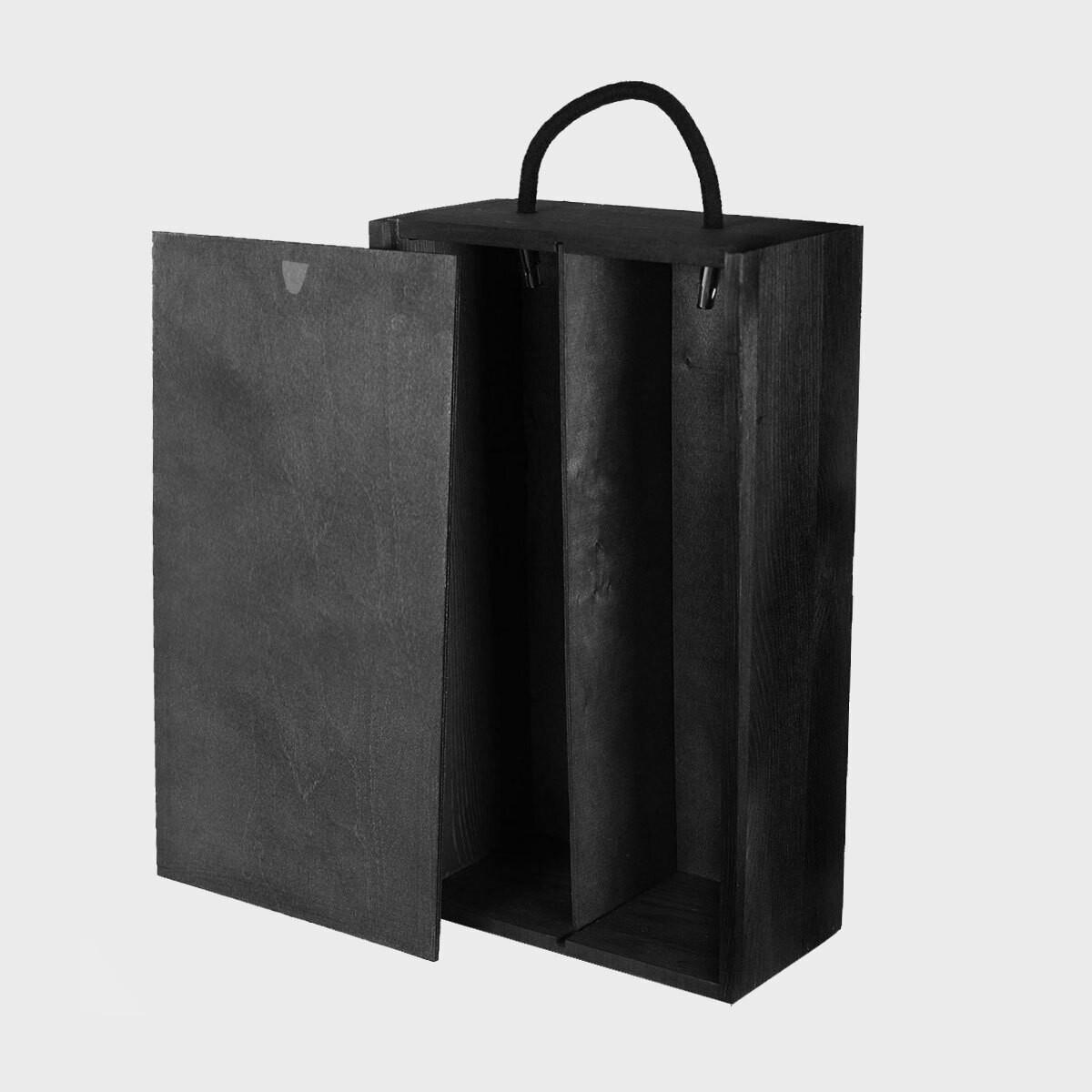 2 bottle black wooden box with sliding lid with premium natural wood grain and secure hardware closures.