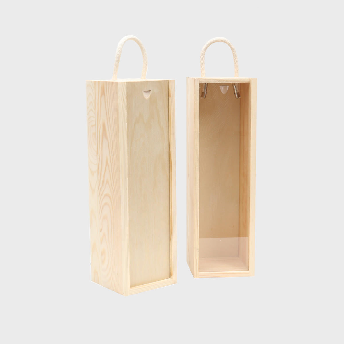 1 Bottle wooden box with rope handle with premium natural wood grain and secure hardware closures.