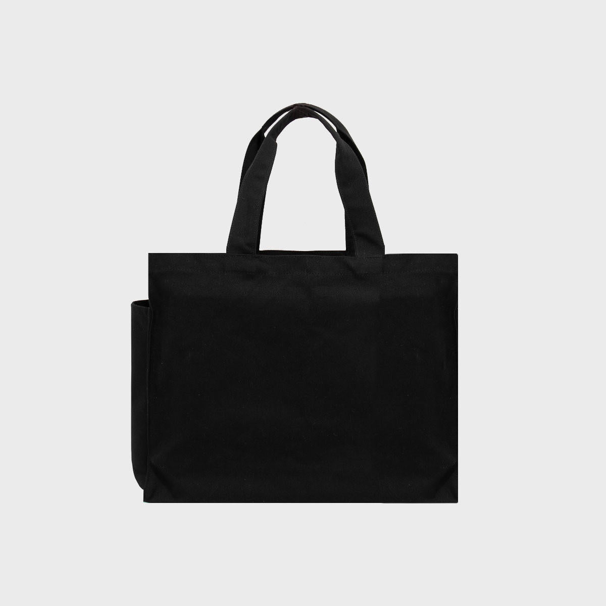 Large black 12oz recycled canvas bag with side pocket.