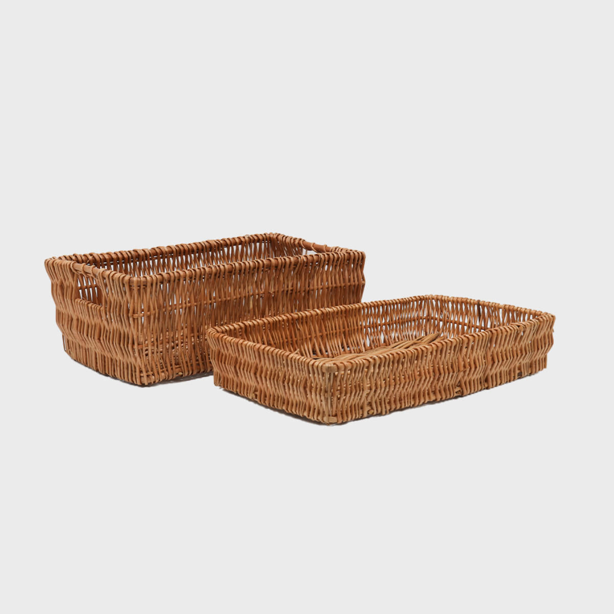 Shallow wicker basket hand-woven from natural split-wicker.