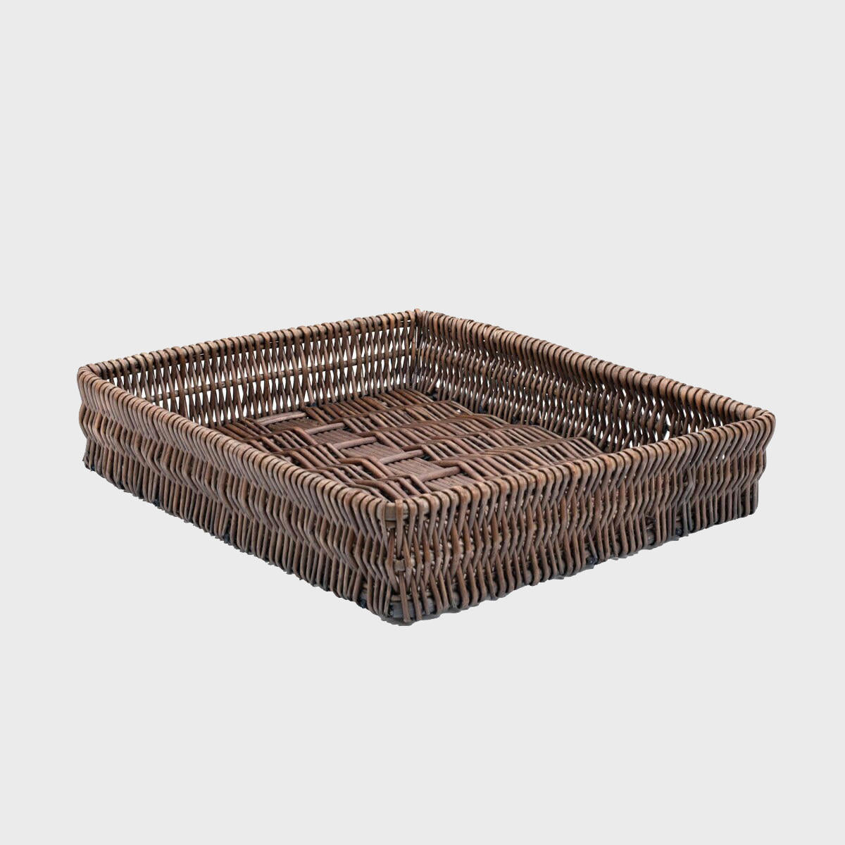 Hinton shallow wicker basket in pewter brown - 400mm wide hand-woven from natural split-wicker.