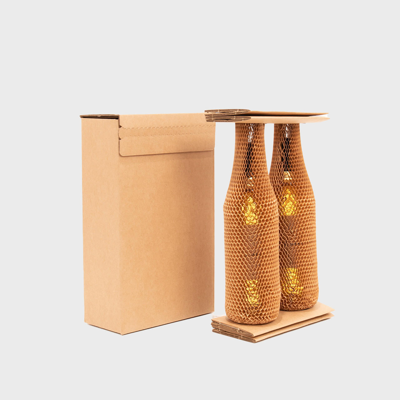 2 bottle honeycomb shipping box from thick, impact-resistant inner for bottle security.