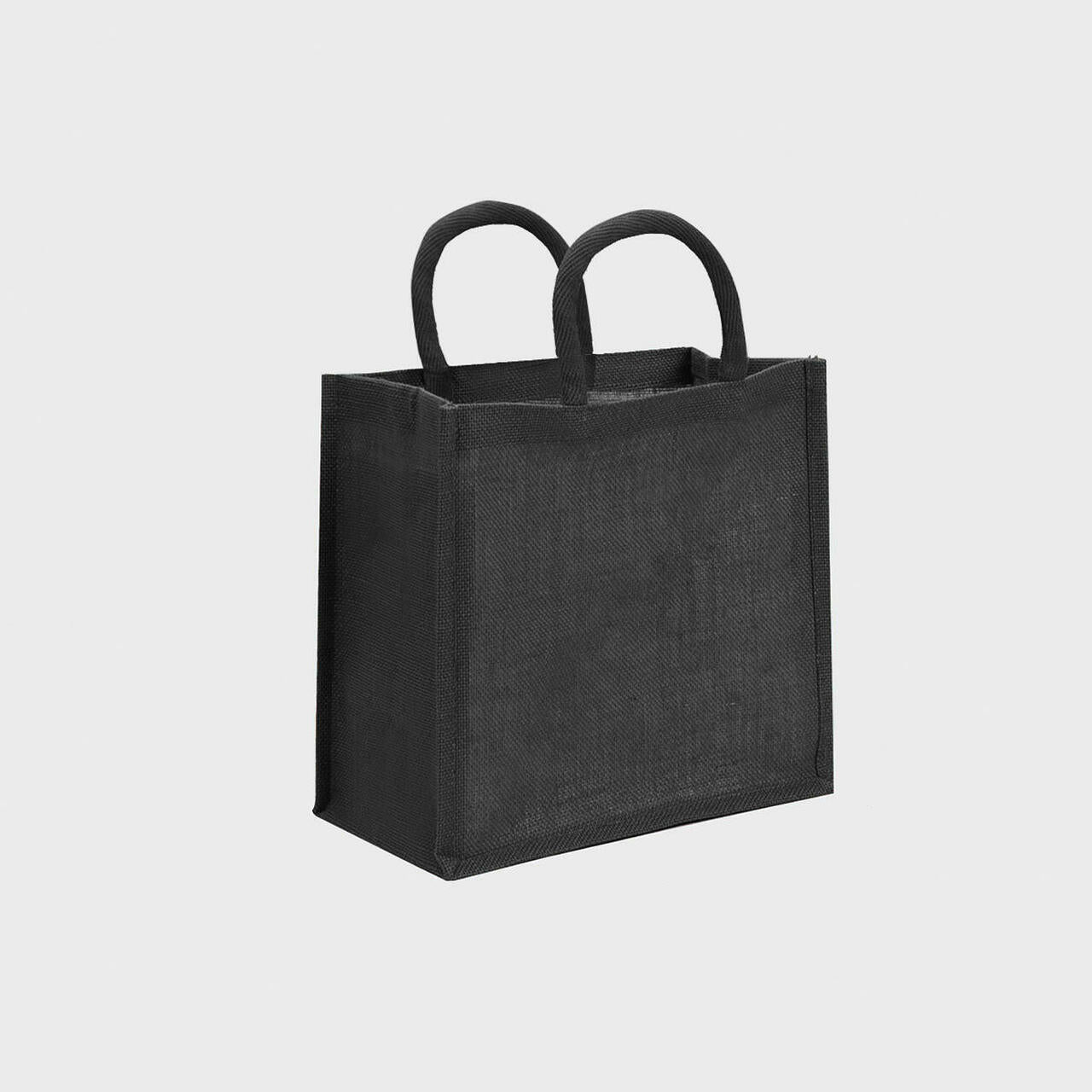 Medium black jute bag with padded handles.
