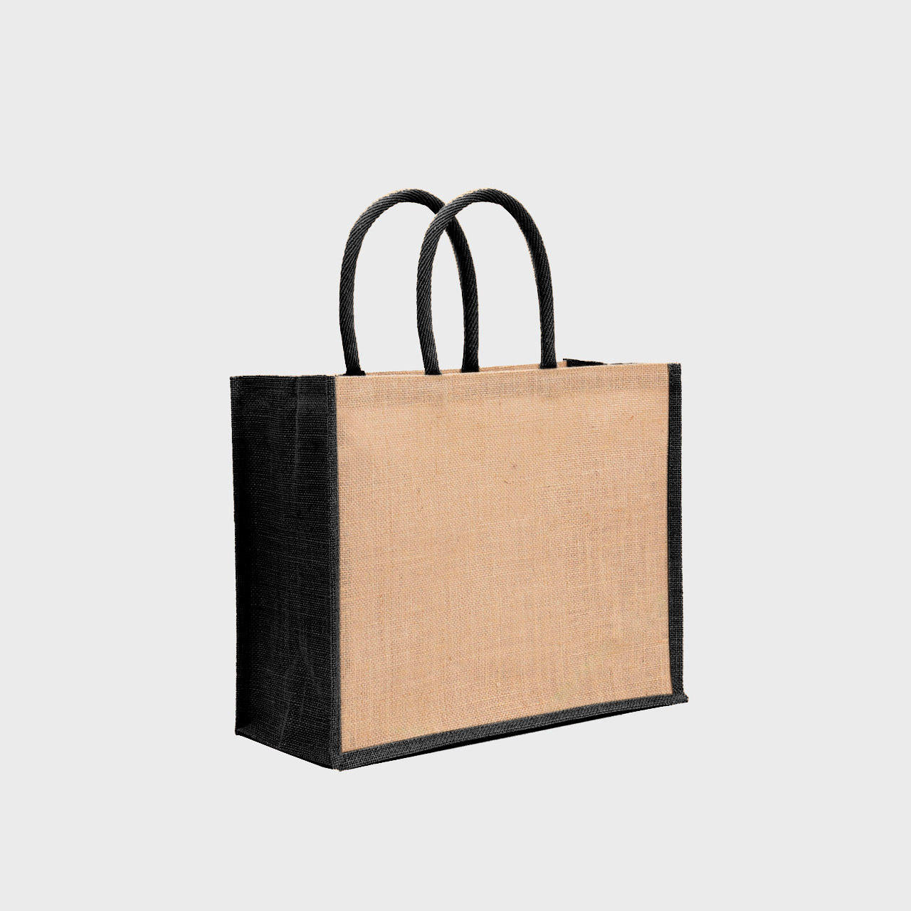 Medium natural jute bag with black gussets with padded handles.