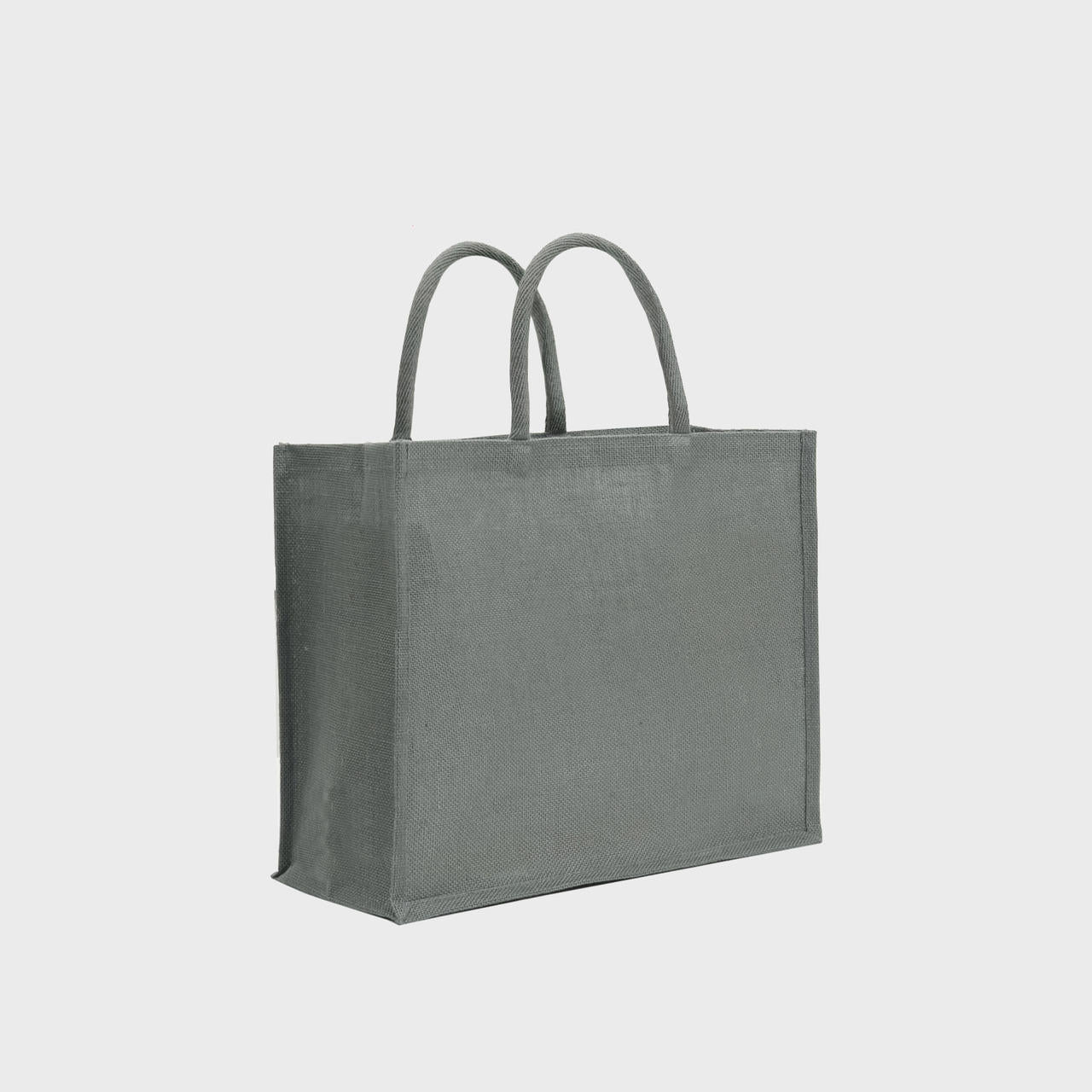 Medium grey jute bag with padded handles.