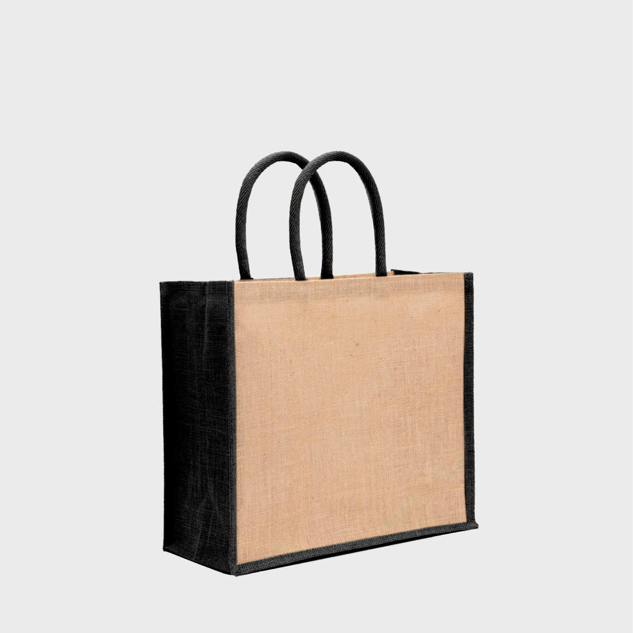 Large natural jute bag with black gussets and padded handles.
