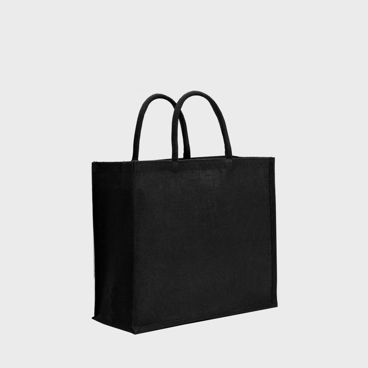 Large black jute bag with padded handles.