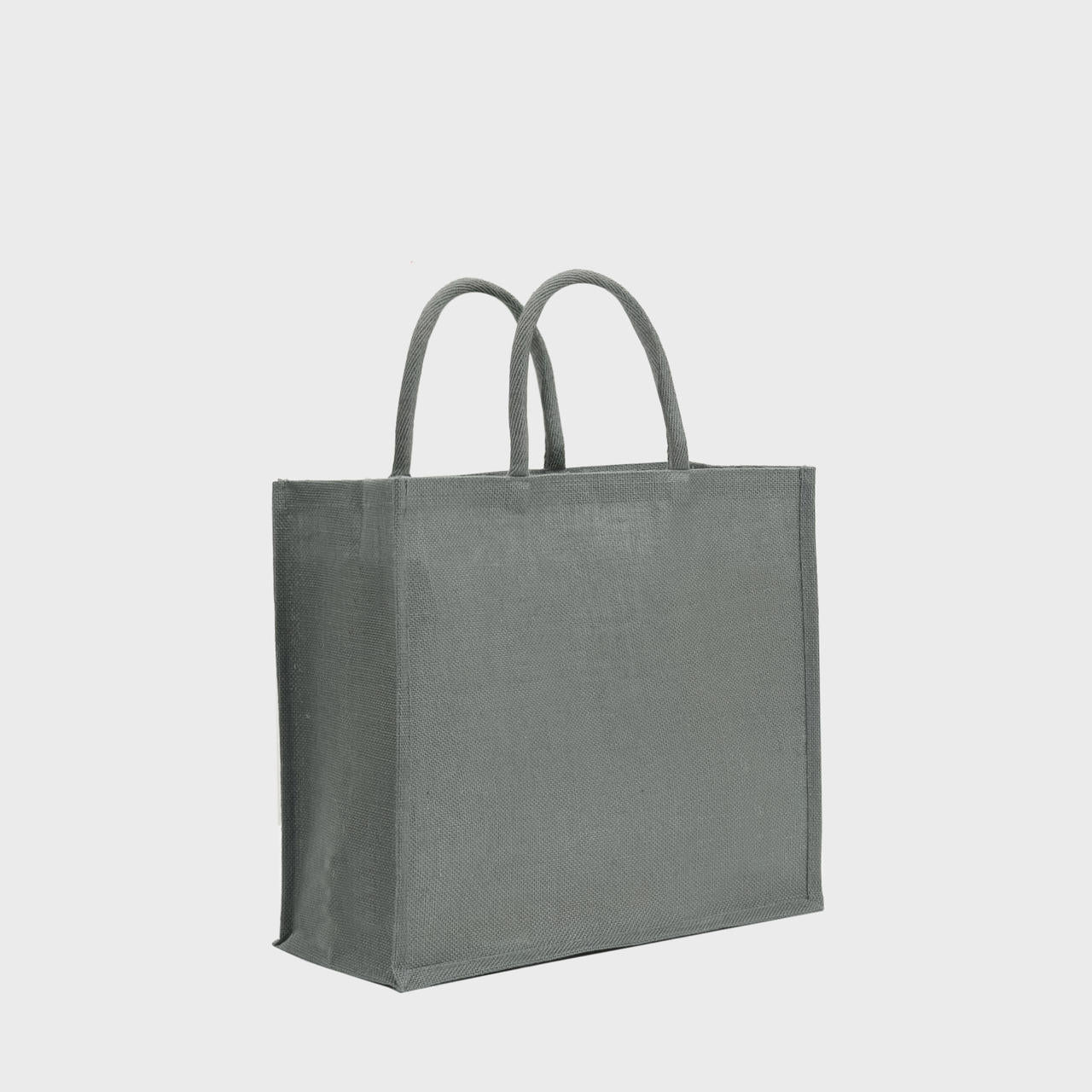 Large grey jute bag with padded handles.