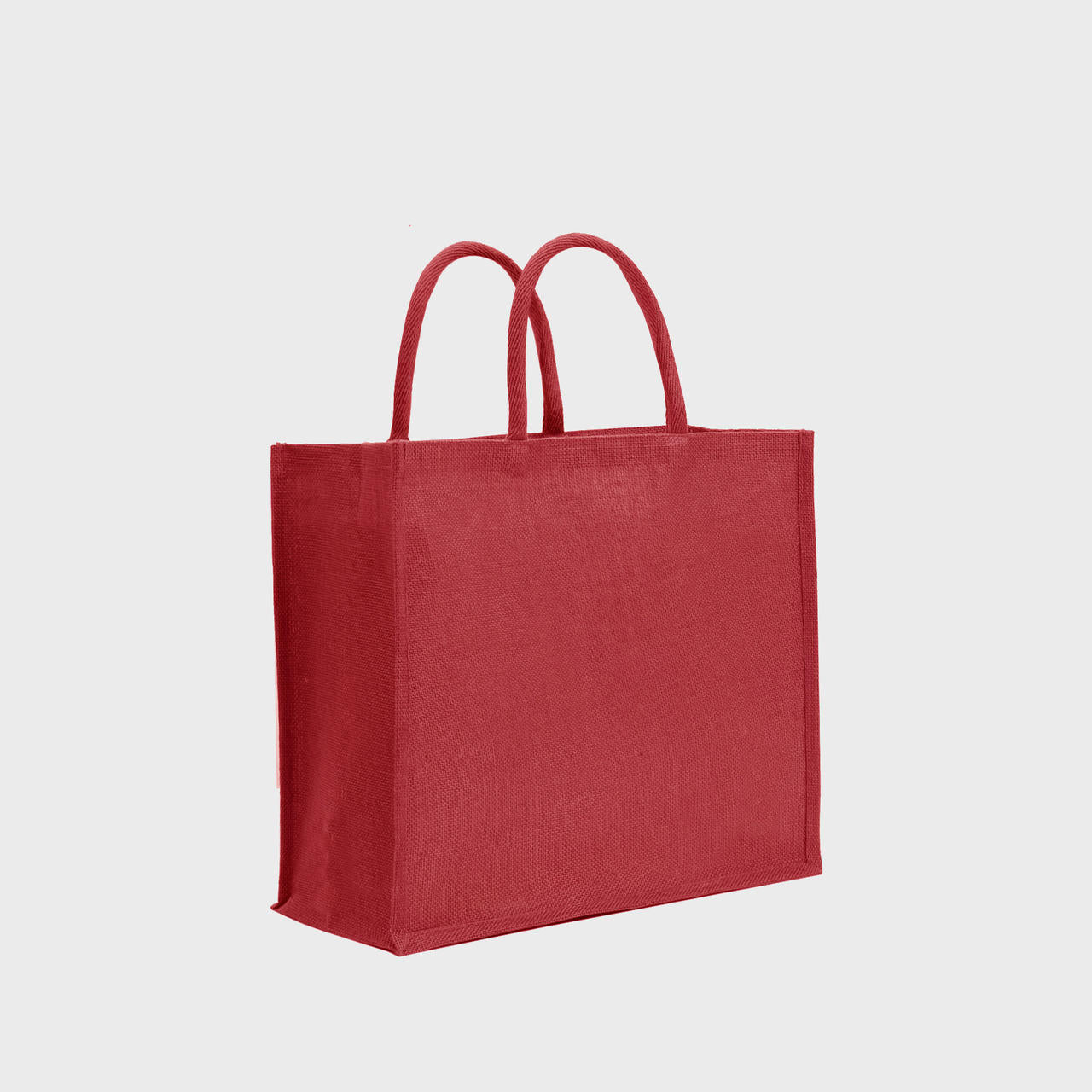 Large red jute bag with padded handles.