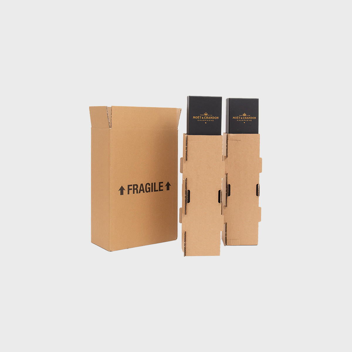 2 bottle Mailsafe gift box shipping box from thick, impact-resistant inner for bottle security.