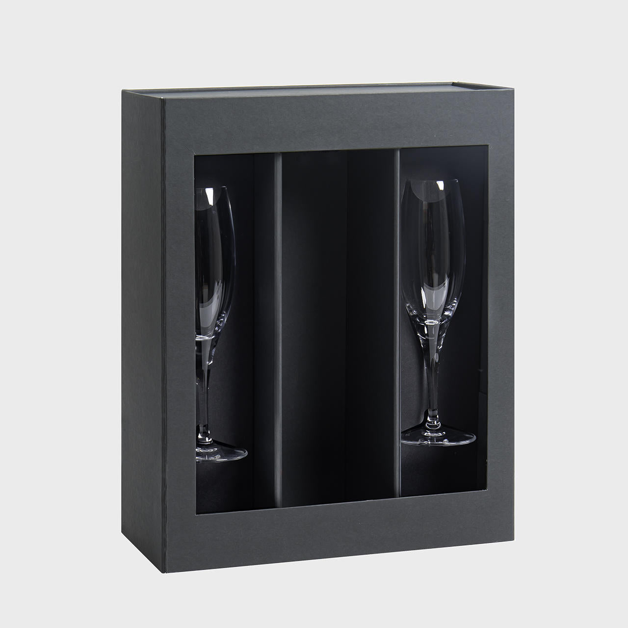 Magnetic bottle gift box with champagne flutes from high-density rigid paperboard.