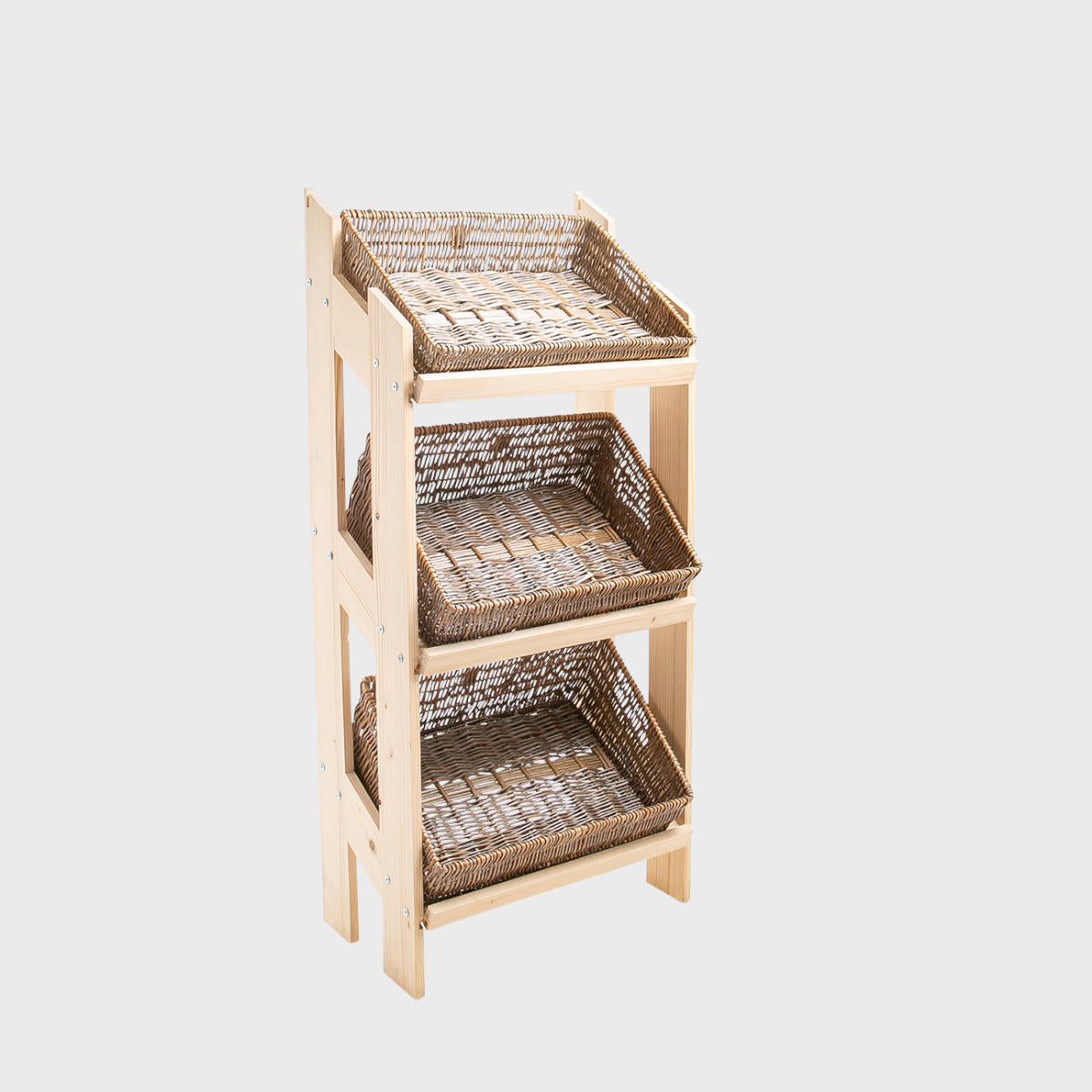 Norwood 3-shelf stand with angled wide dark wicker 650 featuring a multi-tiered layout for product positioning.