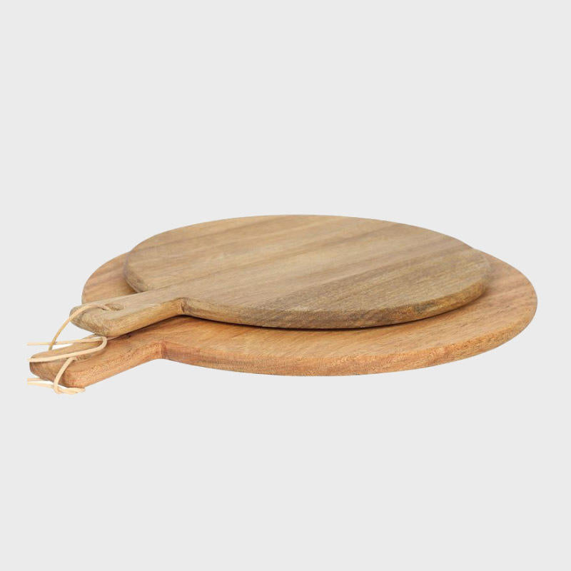 Medium round wooden serving board with handle crafted from durable hardwood with natural grain detail.