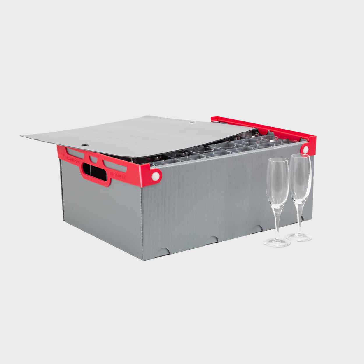 Portaglas crate with 36 princessa champagne flutes.