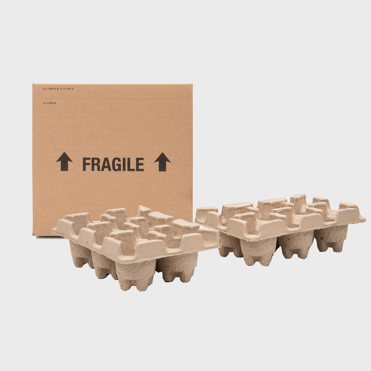 6 500ml beer bottle or 12 330ml can Pulpsafe shipping box from thick, impact-resistant inner for bottle security.
