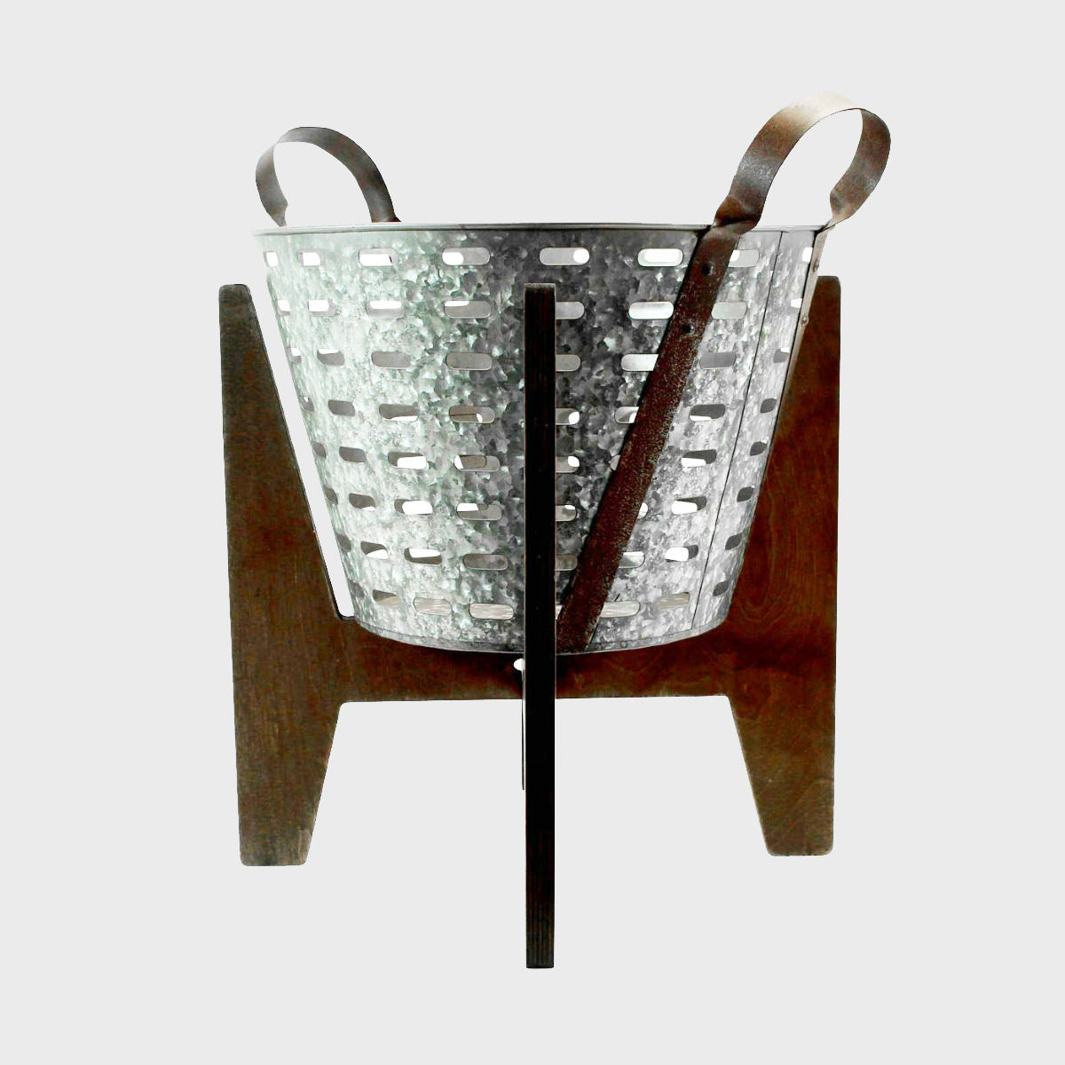 Galvanised grape basket and stand.