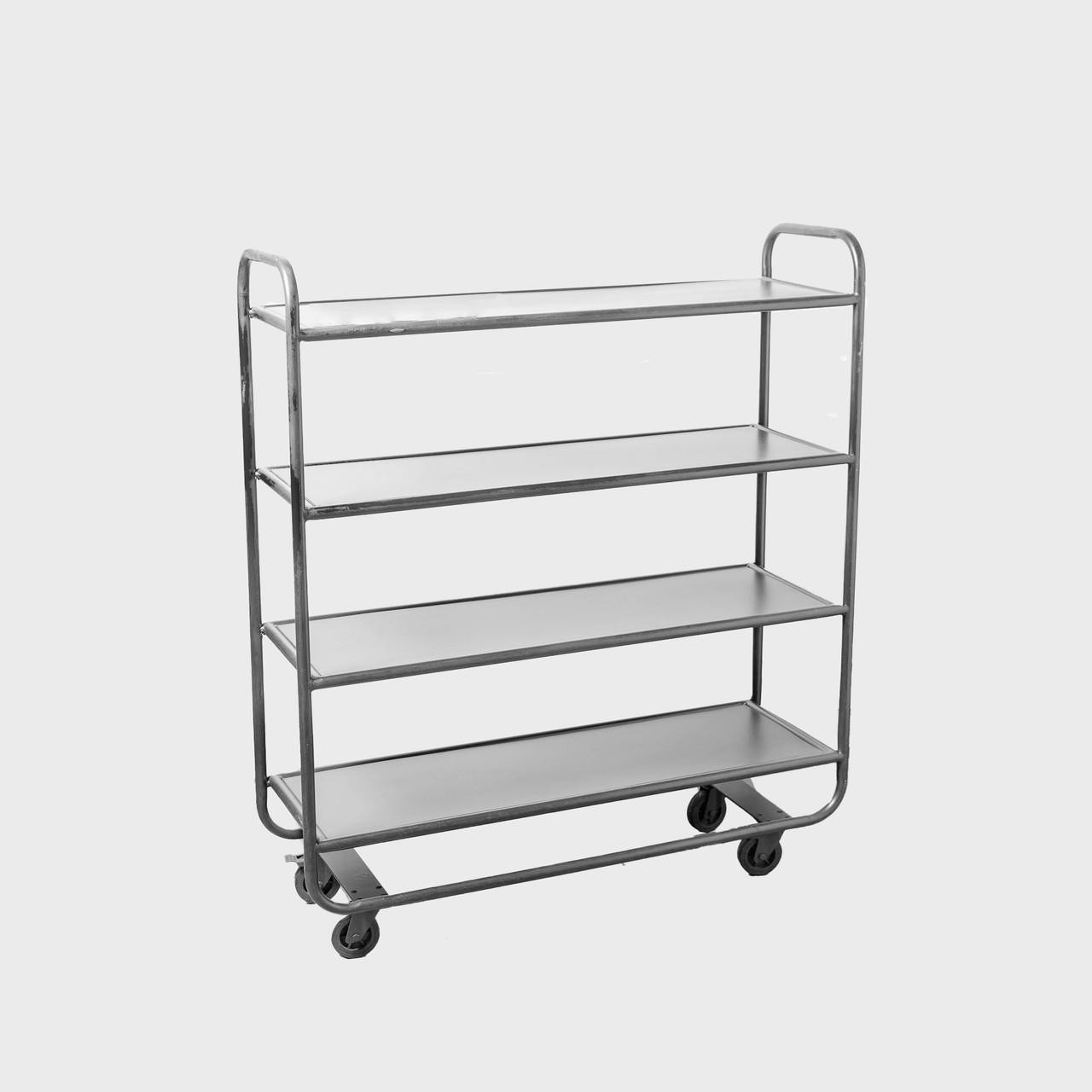 4 Tier antique silver shelving unit on castors featuring a multi-tiered layout for product positioning.