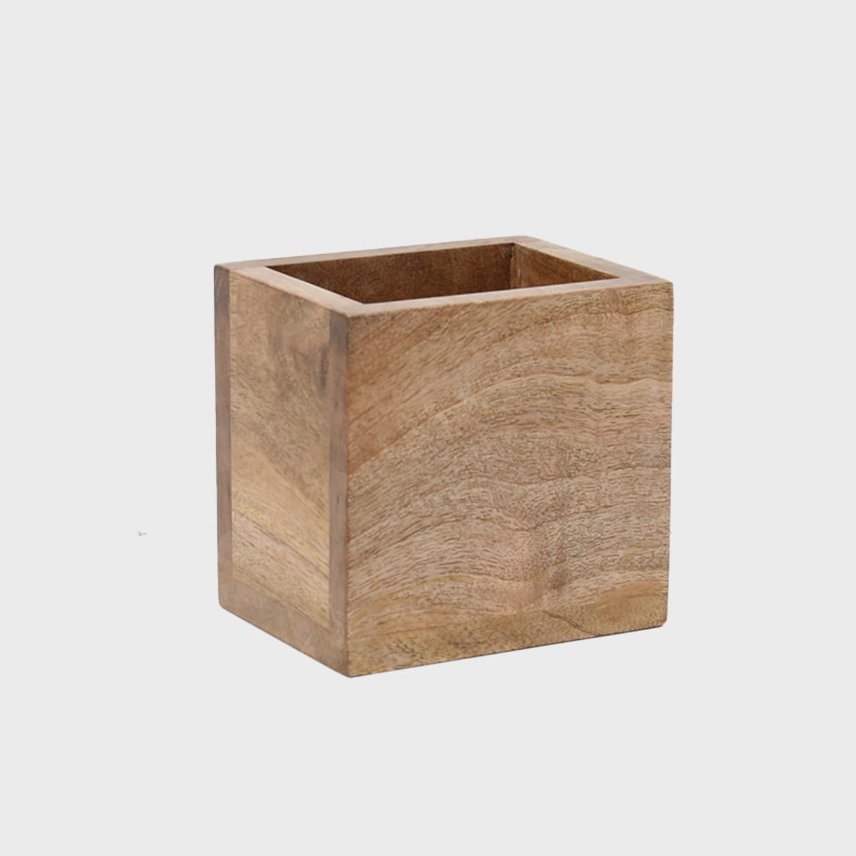 Single compartment mango wood caddy with structured, low-profile walls and open-top design.