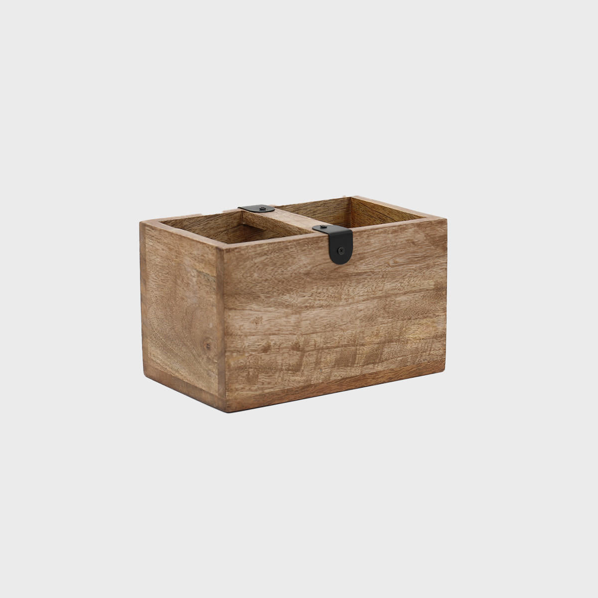 Double compartment mango wood caddy with black iron finishes with structured, low-profile walls and open-top design.