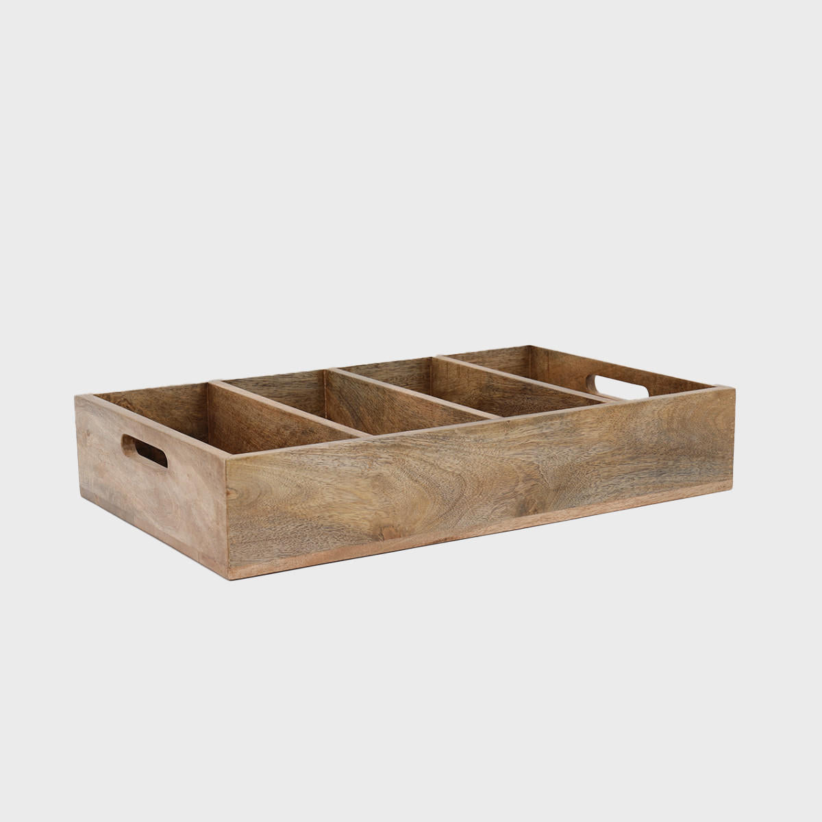 Large mango wood cutlery tray with structured, low-profile walls and open-top design.