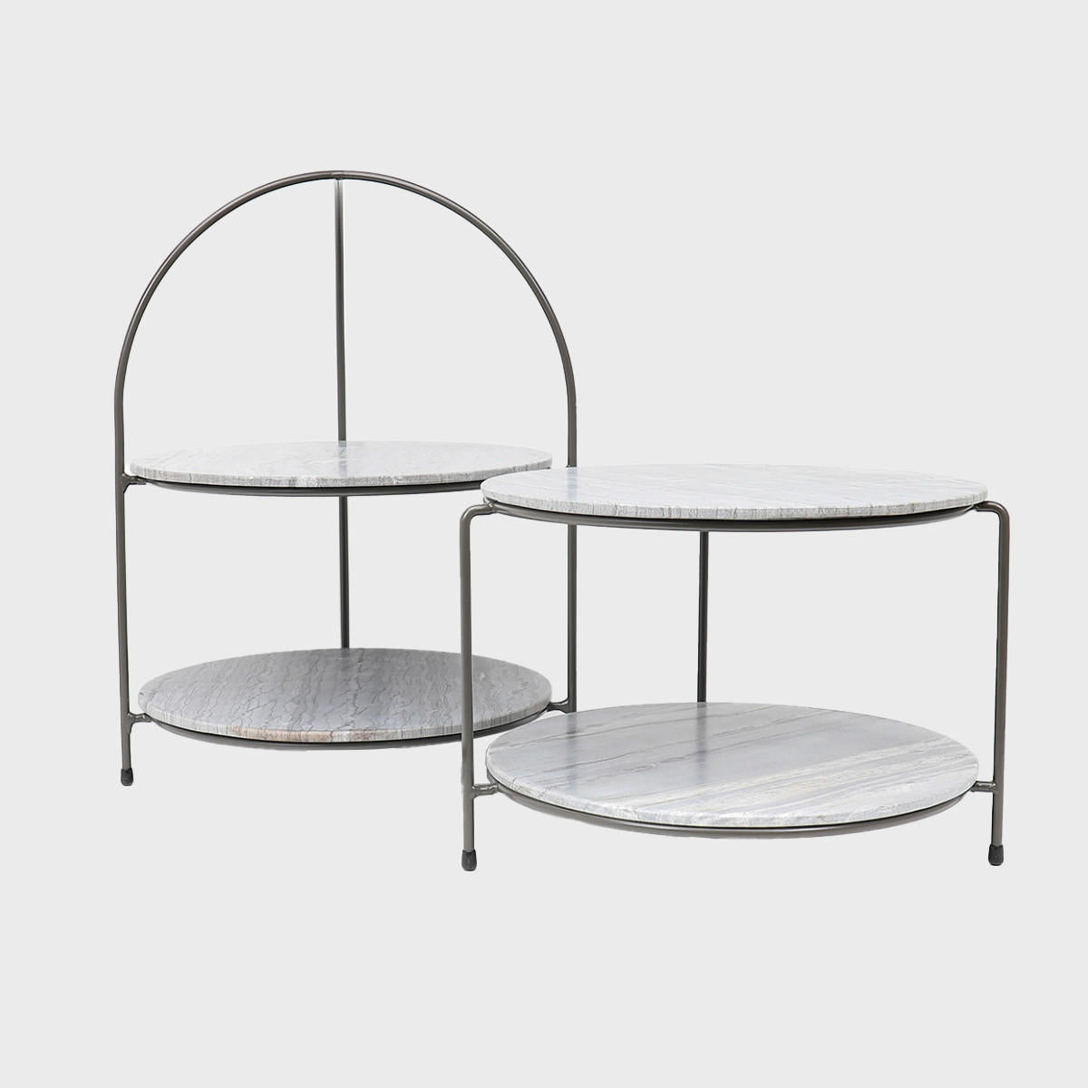 Leander metal tiered riser with dark grey marble serving board with polished grey marble texture adding dimension.
