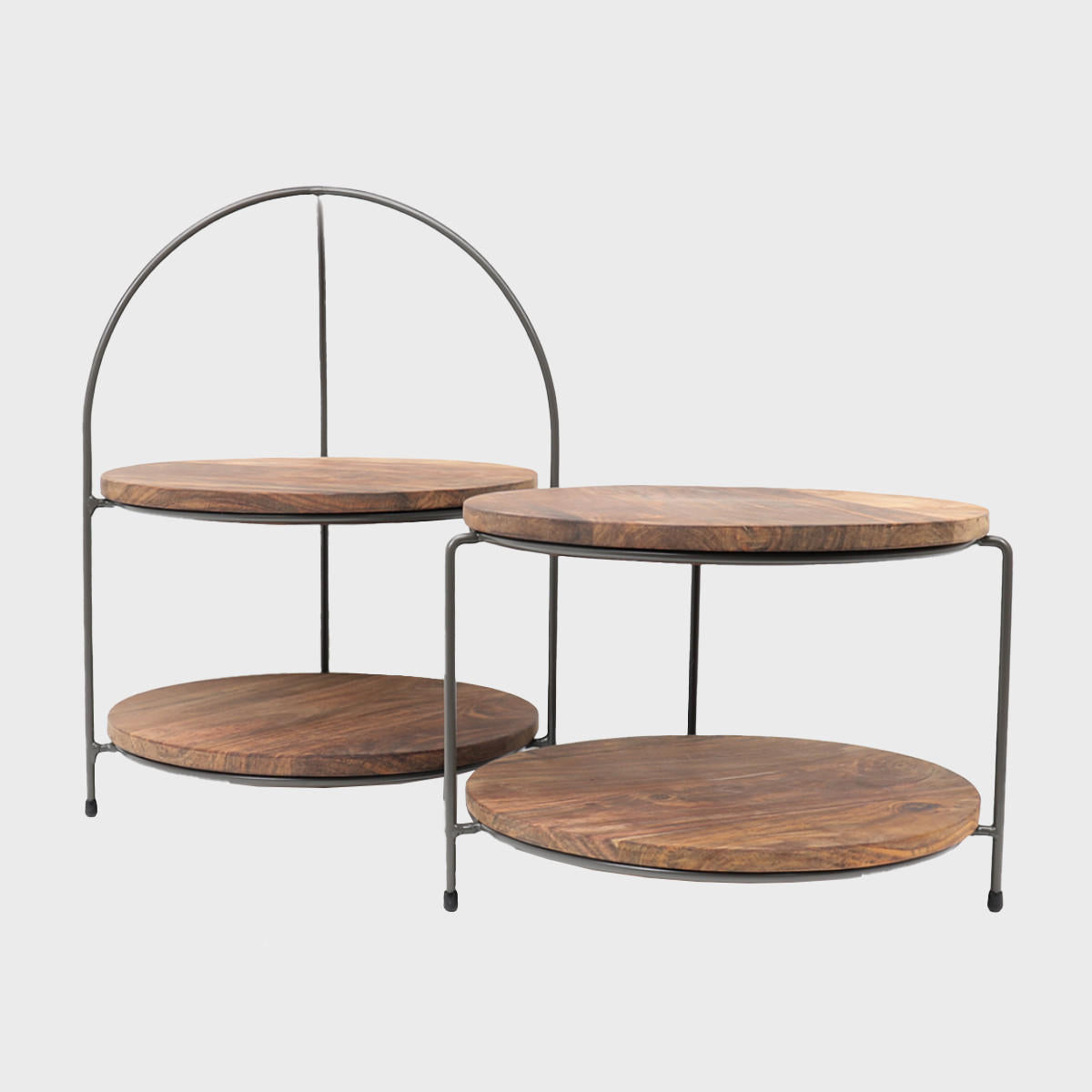 Leander metal tiered riser with sheesham wood serving board designed to add functional height and dimension.