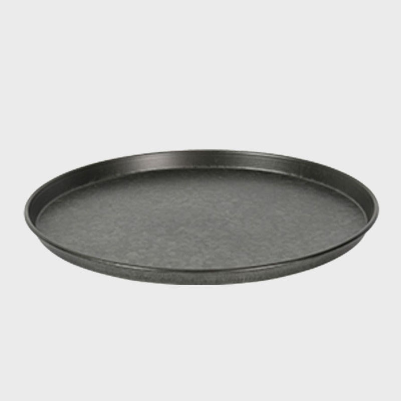 Galvanised metal serving tray with structured, low-profile walls and open-top design.