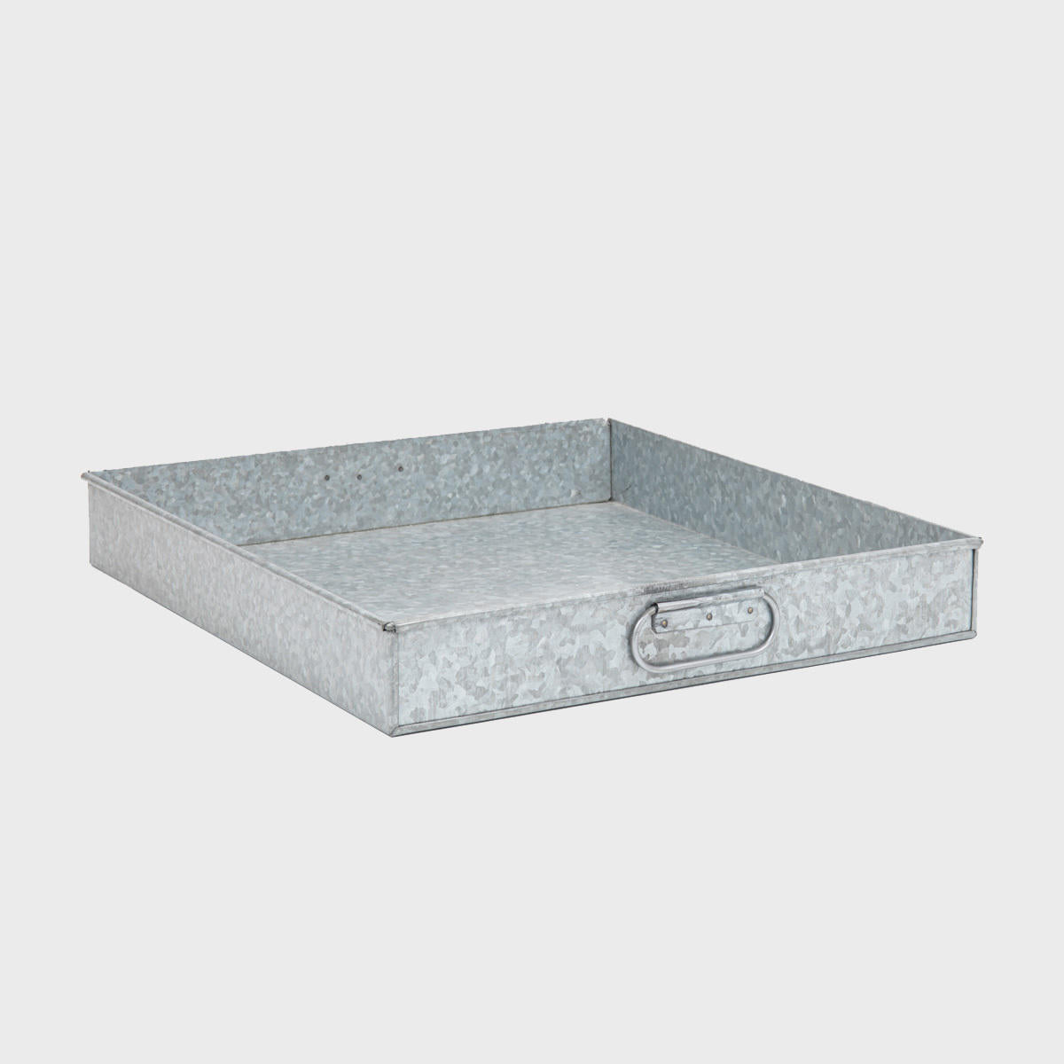 Exmouth metal display tray with handles with structured, low-profile walls and open-top design.