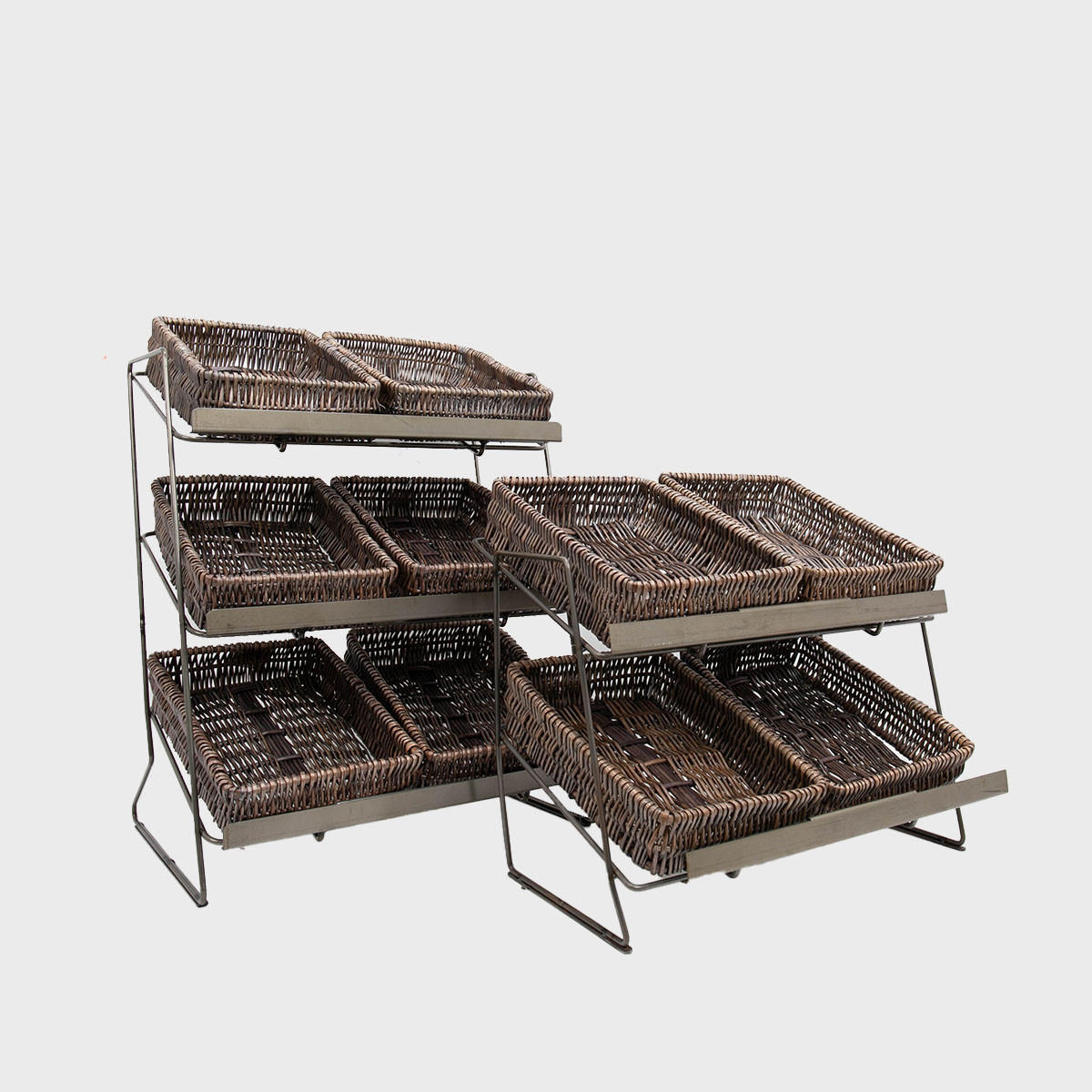 Railton tiered counter top display unit with small pewter wicker trays featuring a multi-tiered layout for product positioning.