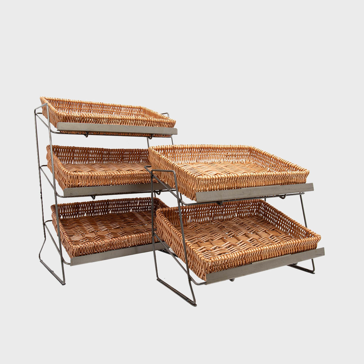 Railton tiered counter top display unit with medium natural wicker trays featuring a multi-tiered layout for product positioning.