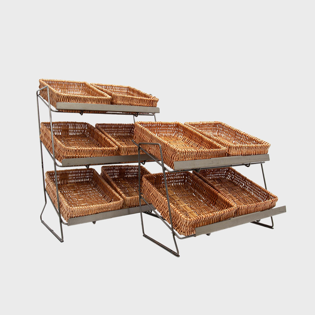 Railton tiered counter top display unit with small natural wicker trays featuring a multi-tiered layout for product positioning.