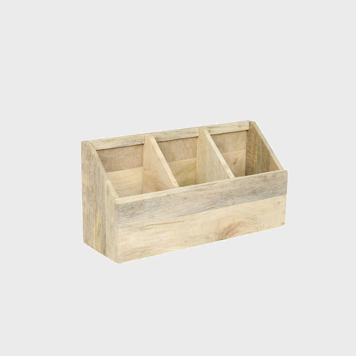 Large wooden display caddy with structured, low-profile walls and open-top design.