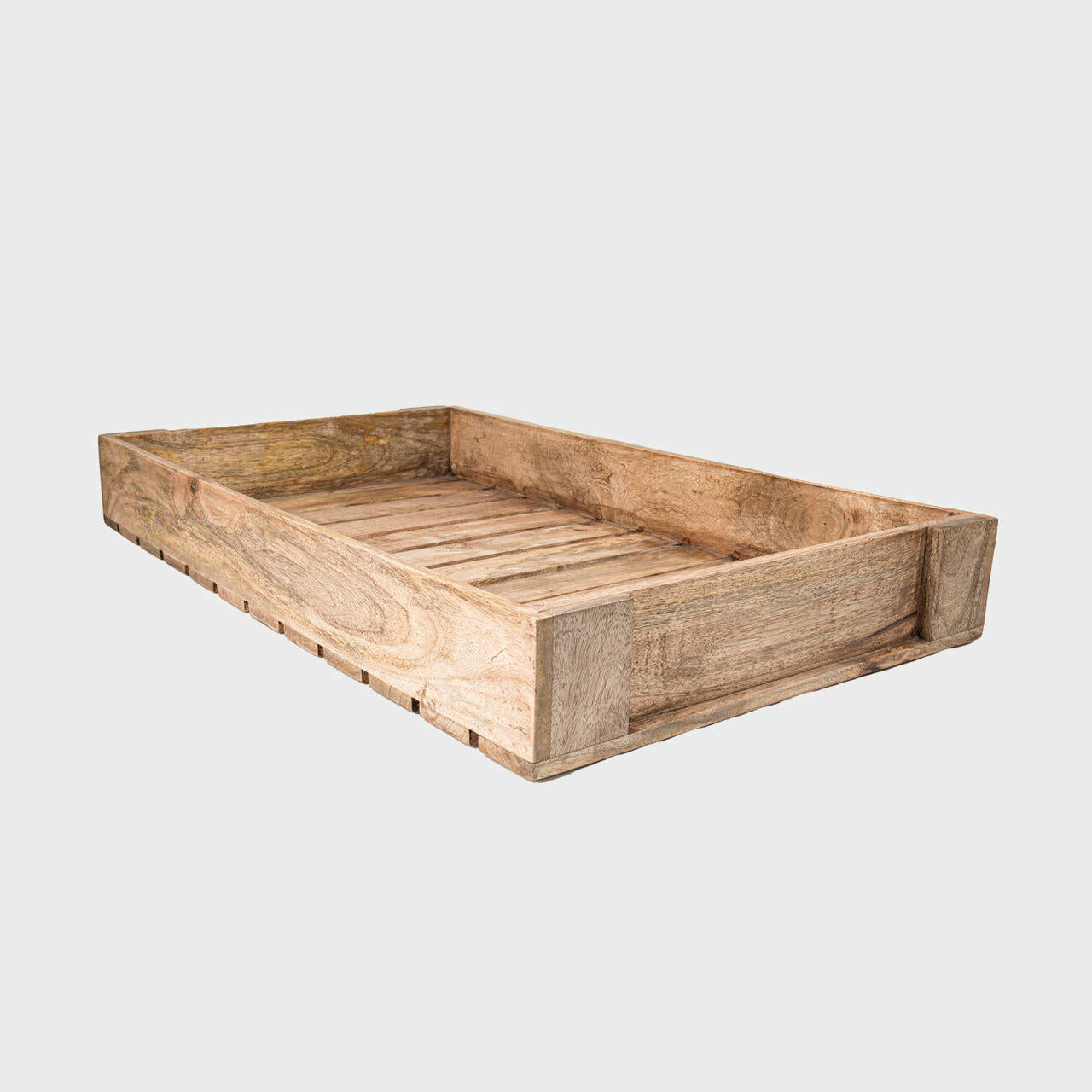 Mango wood chitting tray with structured, low-profile walls and open-top design.