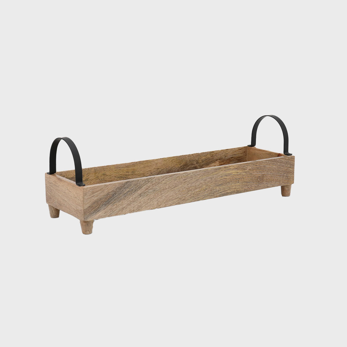 Mango wood chitting tray with iron handles with structured, low-profile walls and open-top design.
