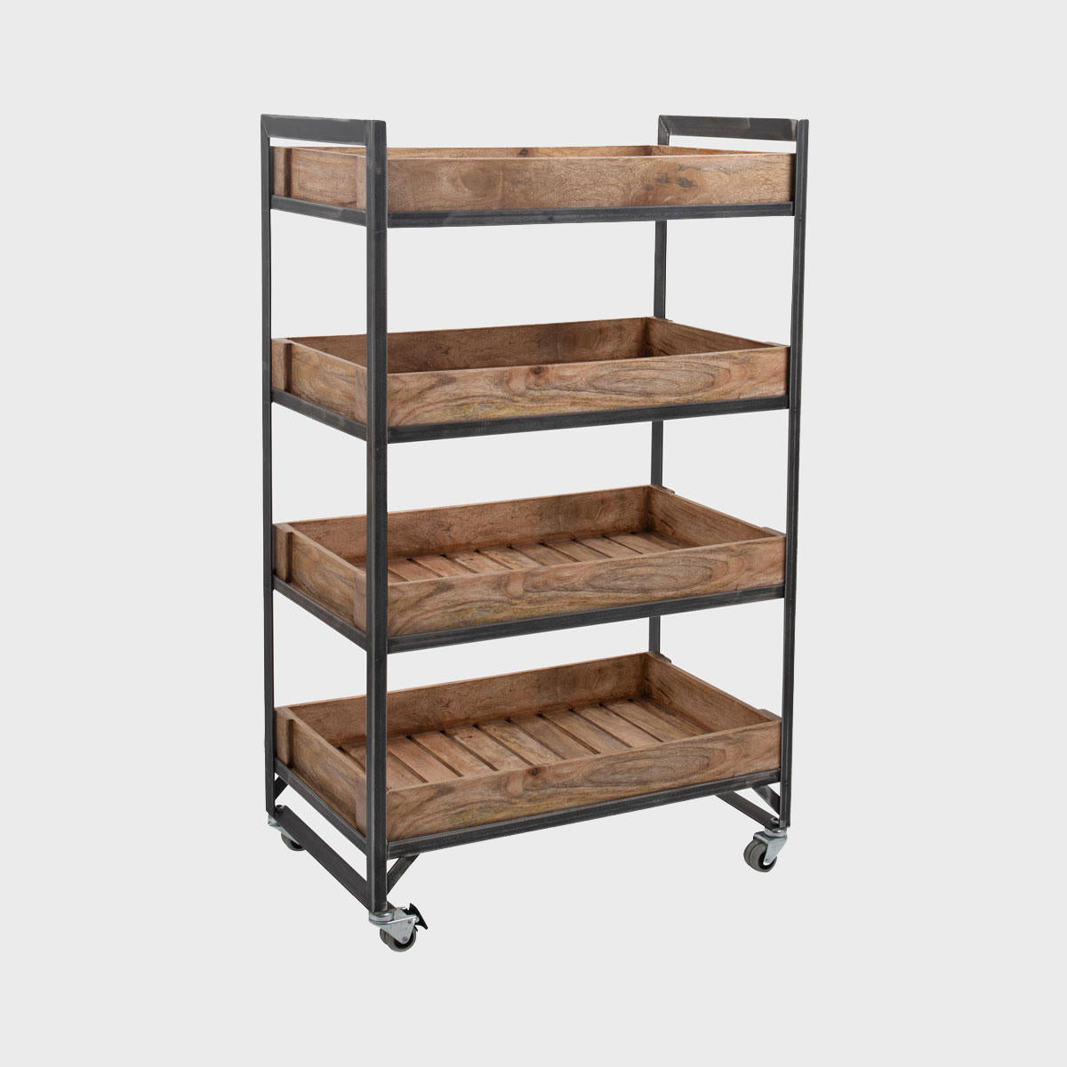 Kingsley 4 Shelf Trolley Unit with Mango Wood Chitting Trays and FREE Angle Bar with structured, low-profile walls and open-top design.