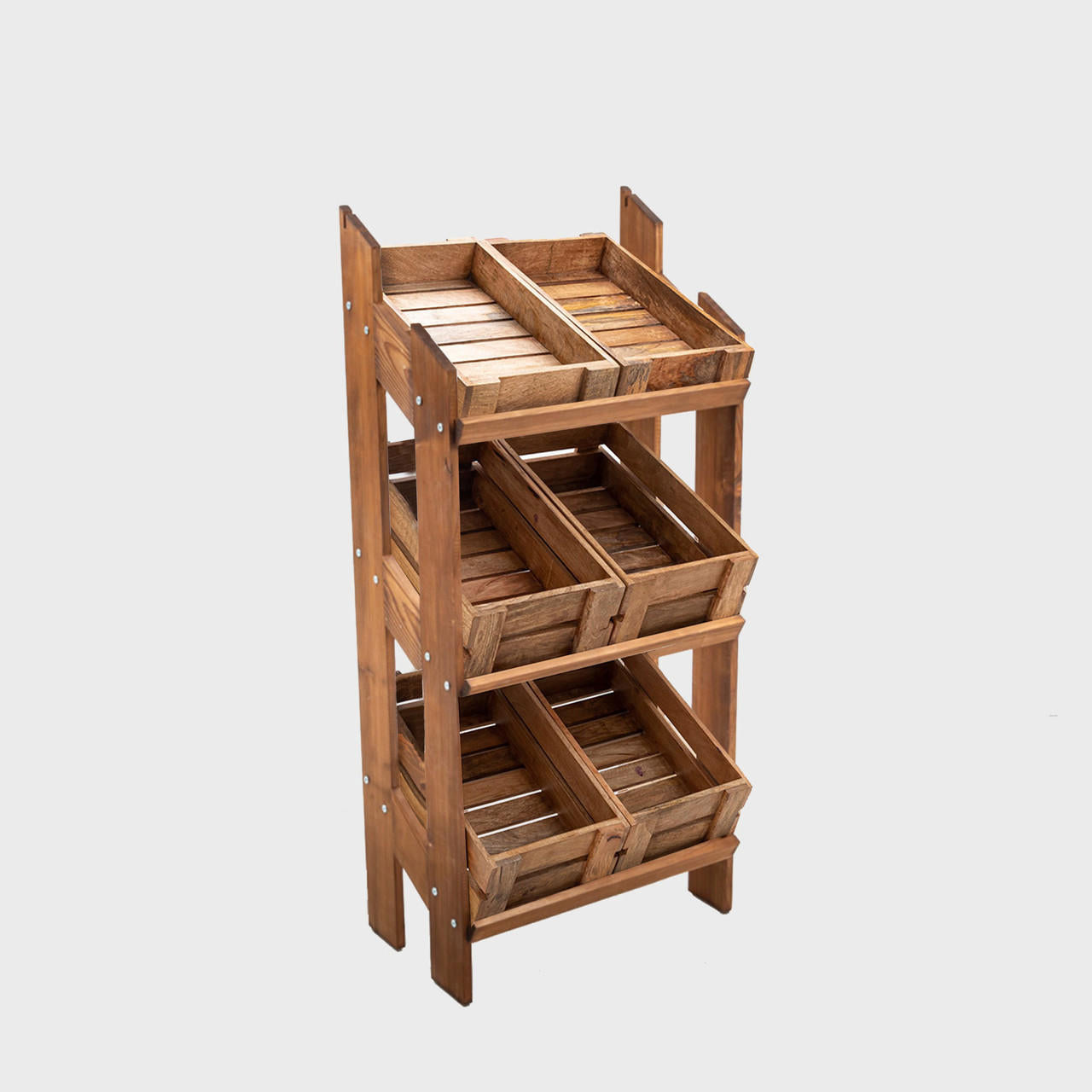 Norwood 3-shelf stained pine stand with mango wood crates 650mm with structured, low-profile walls and open-top design.